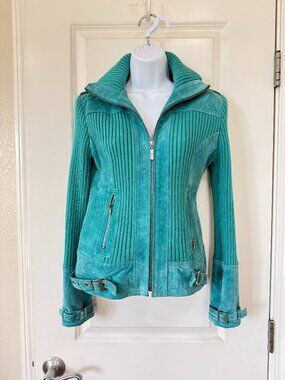 Oscar Piel Aqua Teal Suede Leather & Knit Zip Jacket Women's Size Small